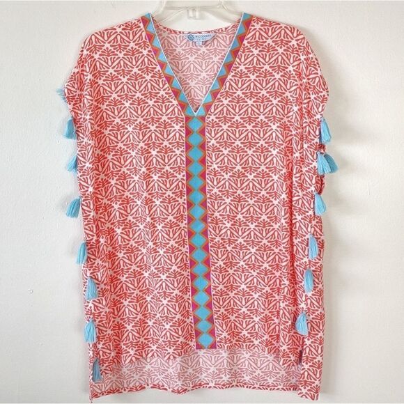 Escapada S Tasseled Top Orange and Turquoise Vneck‎ - Picture 1 of 5
